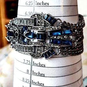 Silver Tone 6 Strand Chain Sapphire Blue Rhinestone Reproduction Bracelet